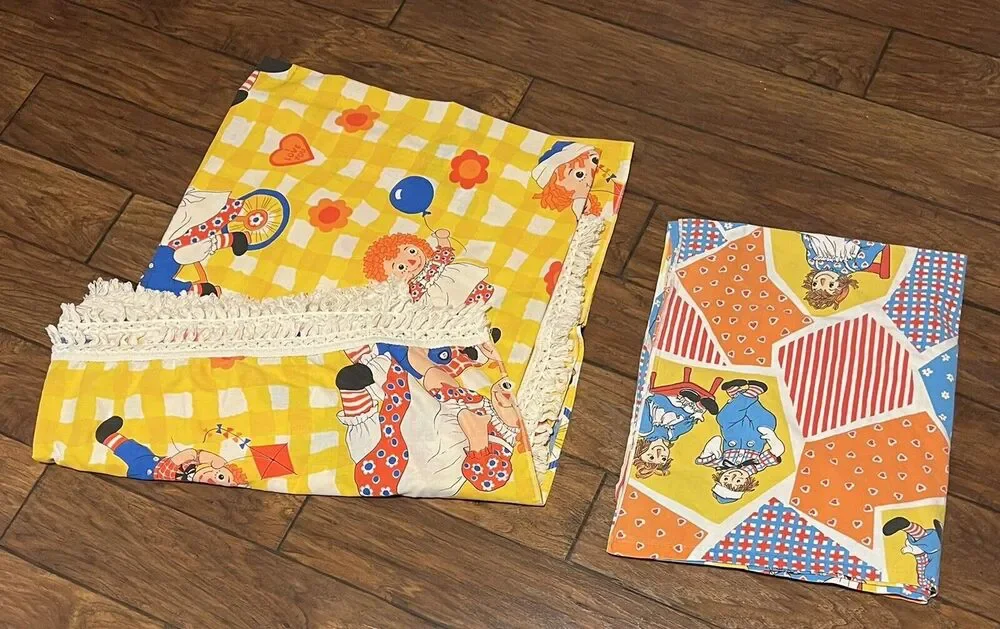 Vintage Raggedy Ann & Andy Bobbs Merrill Twin Bedspread Flat Sheet 70s READ